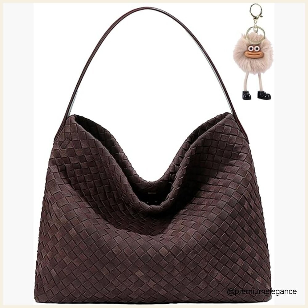 Woven Suede Hobo Bag, Slouchy Shoulder Crossbody Tote for Work Travel